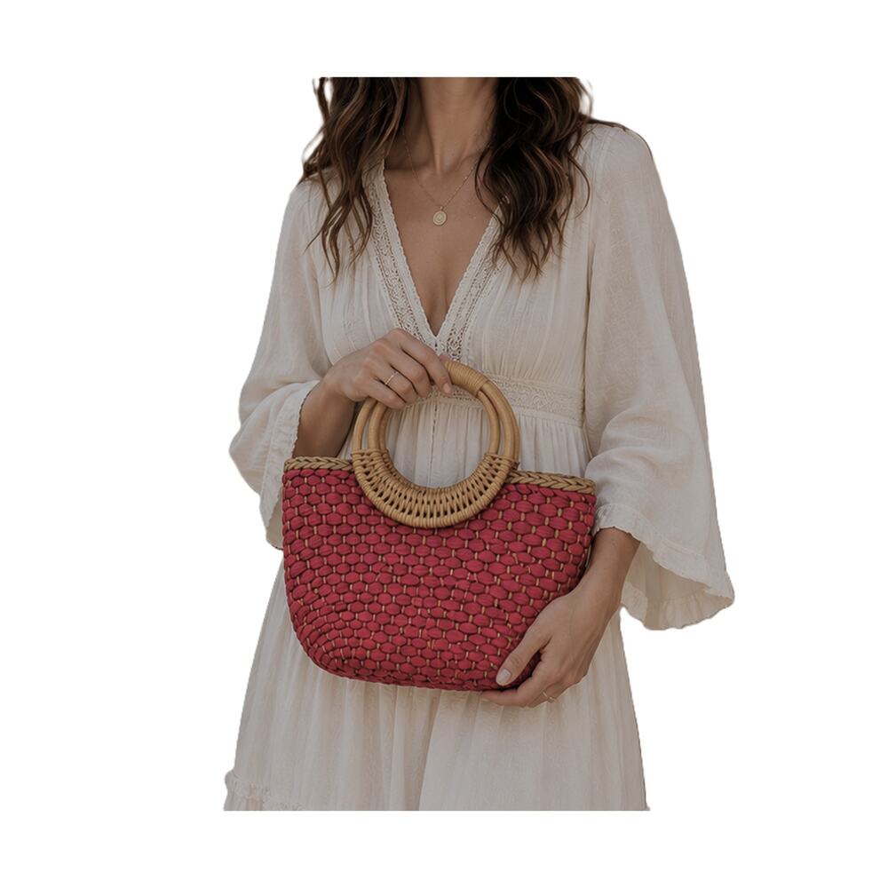 Free People Sophia Straw Tote Red Woven Bamboo Ring Handles Boho Purse Bag EUC